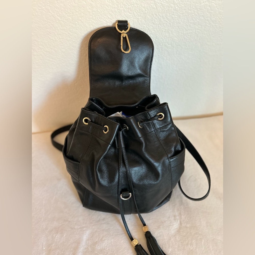 Tory Burch Black Leather Logo Drawstring Backpack - Picture 15 of 16